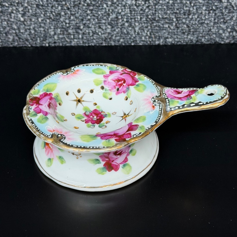Vintage Japan Porcelain Tea Strainer Drip Bowl Pink Roses Gold Gilt Floral Set